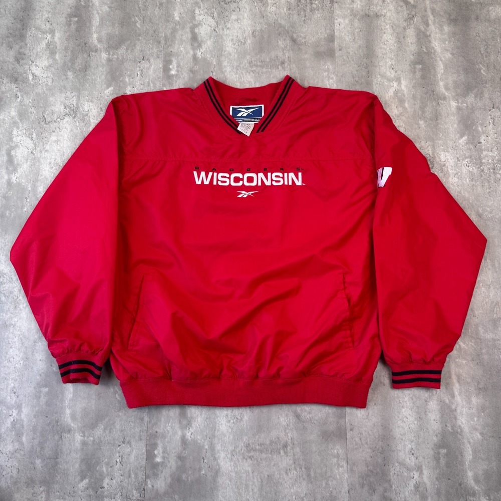 Vintage Reebok Wisconsin Badgers Jacket Mens L Red Pullover Windbreaker NCAA 90s